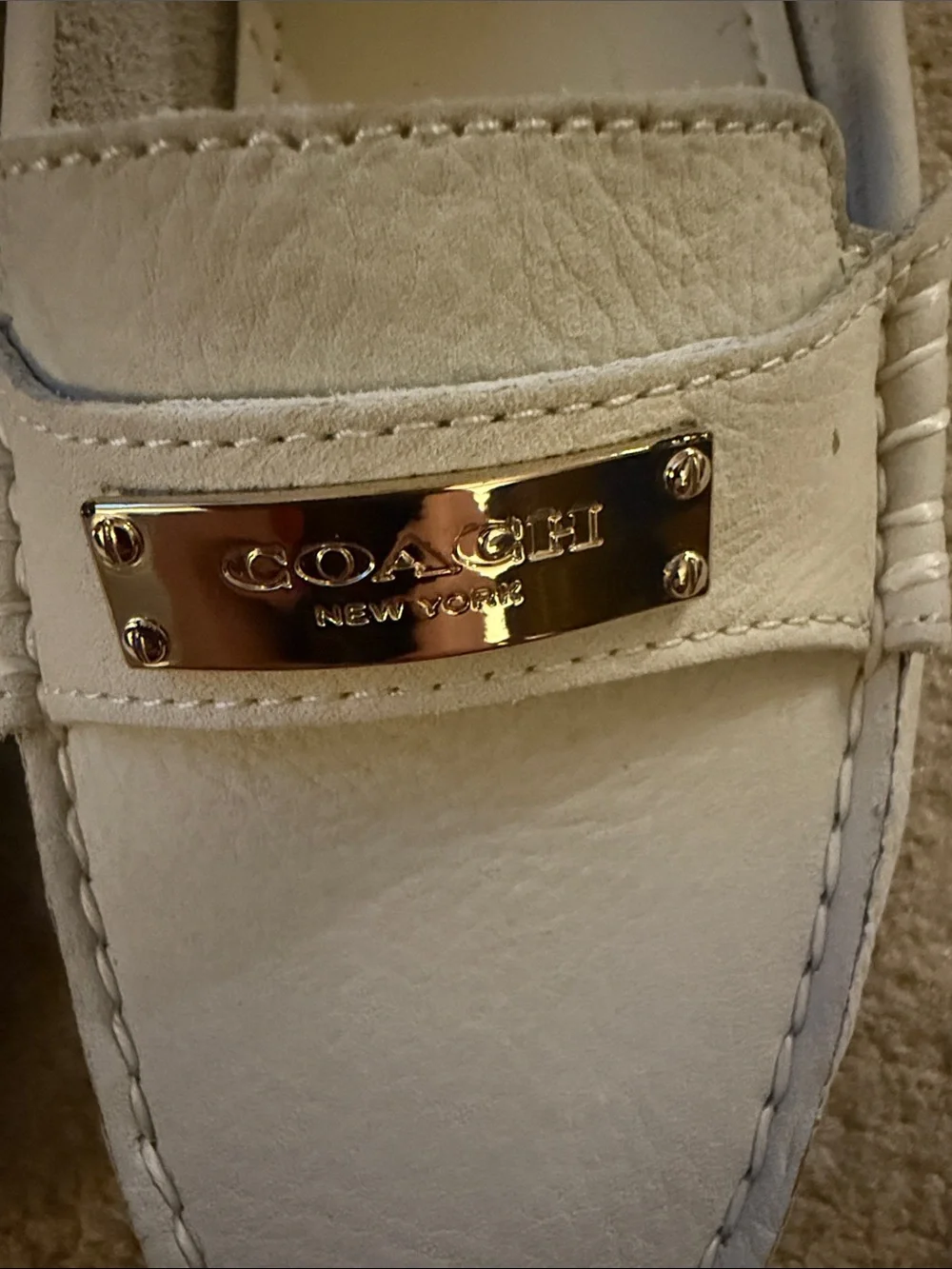 COACH Cream Leather Penny Loafers with Gold-Tone Plaque